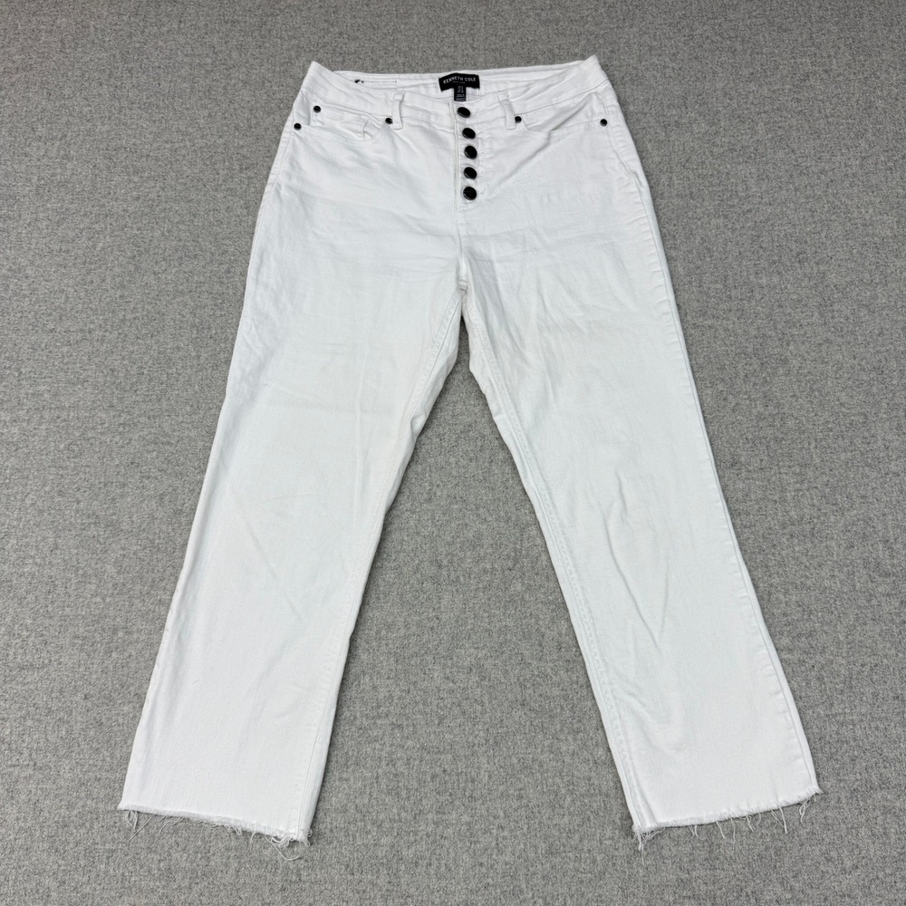 Kenneth Cole Jeans 8 White Button Fly High Rise Straight Leg Raw Hem Denim Pants